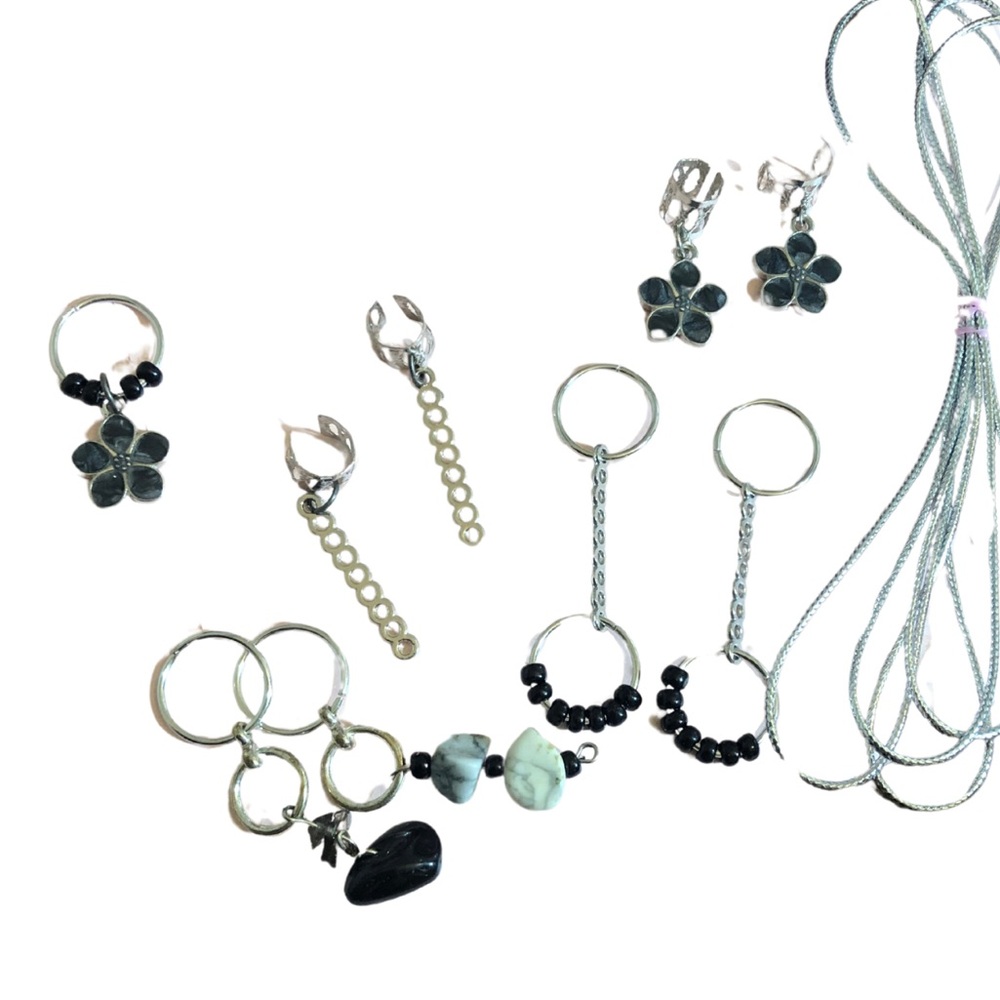 Upcycled Hair Jewelry Set – 9 Pieces + 45” Hair Rope (Silver, Black & Grey)